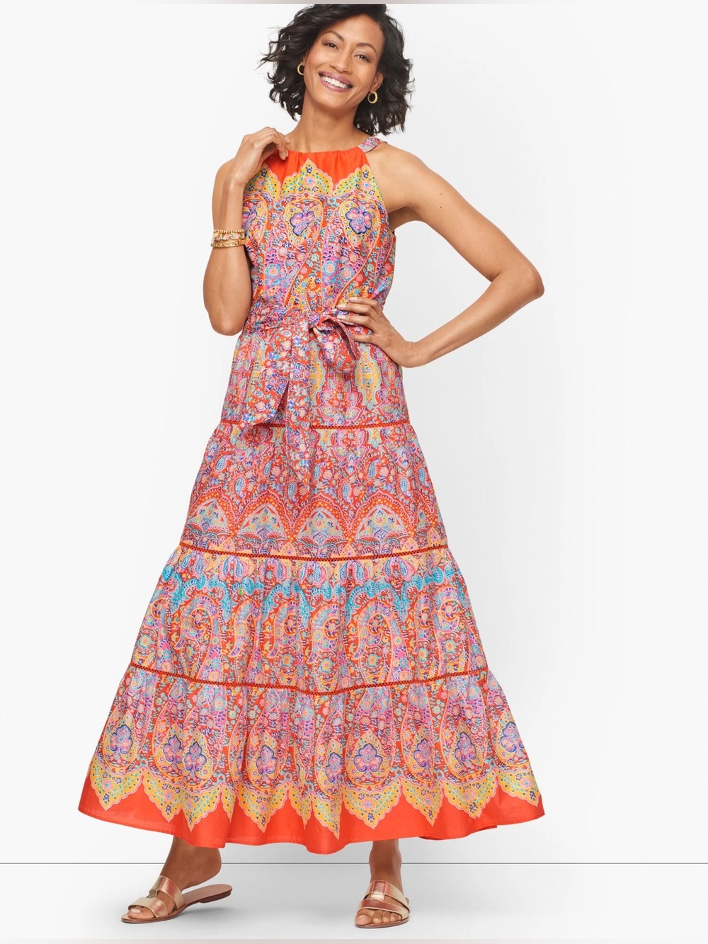 Talbots Paisley Tiered Maxi Dress 2 Tropical Vacation resort Boho Cotton coastal